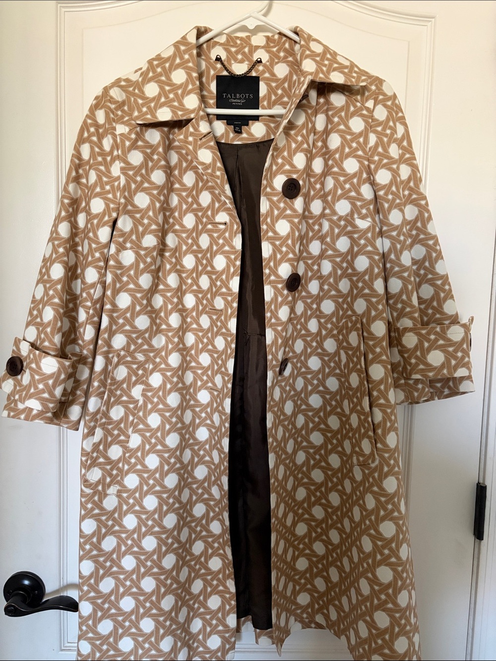 Talbots Tan and White Geometric Trench Coat with pockets